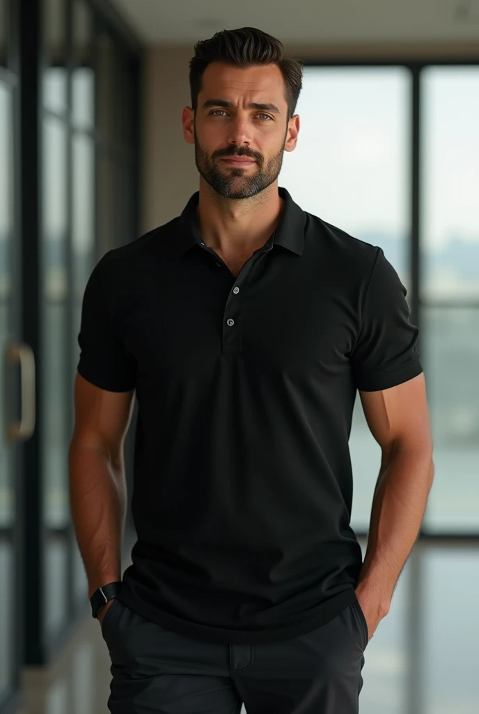 Create a clothing combination for a black polo shirt for men, with a jacket as if for the office