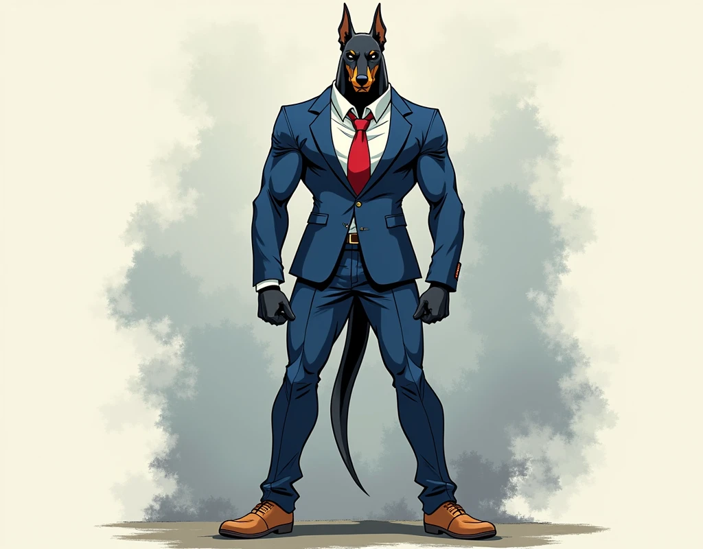 Create a drawing of a Doberman dog with a muscular human body, light brown cazuales shoes , blue suit , White shirt , red tie, of anime .