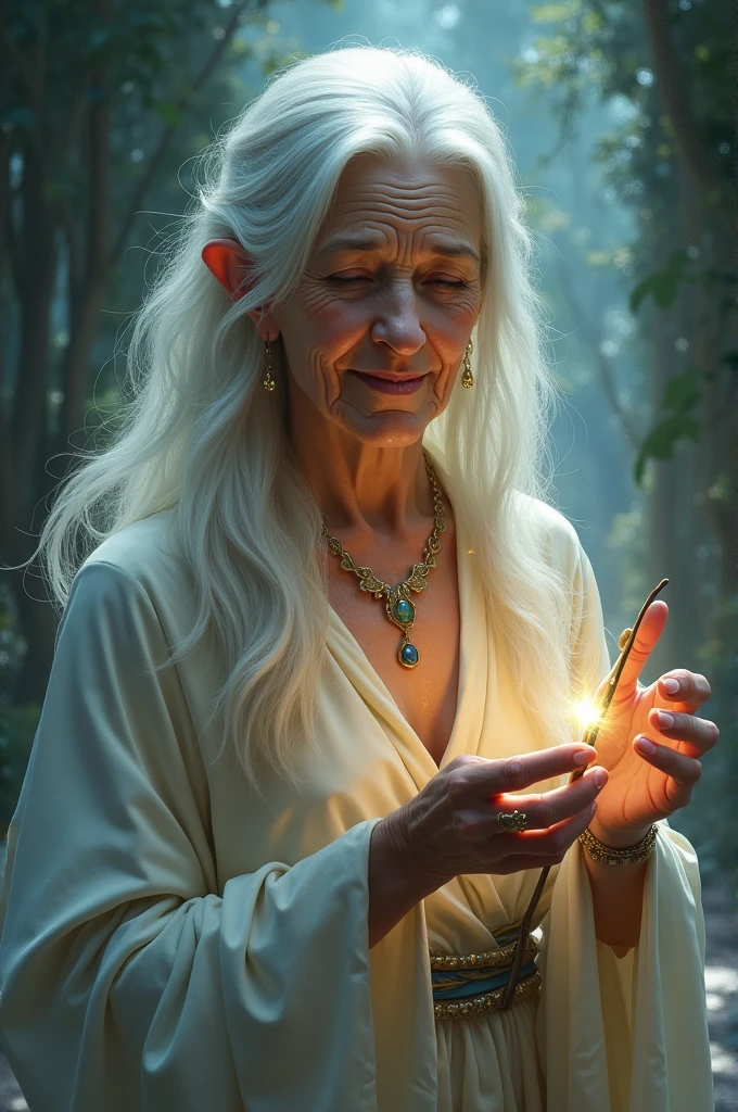 An enchanted old lady with long white hair that falls in soft waves. Your face is gentle and full of wrinkles, and she wears a simple dress, but it always seems to radiate a soft light. His movements are graceful and careful, and she carries a small wand which she uses to perform simple magical tasks.