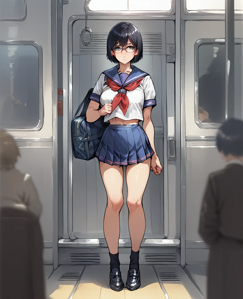 A high school girl gets molested on the train,(Sailor suit,Short skirt)Full body shot,Photographed from the front,Short black hair,Glasses,Small stature,Being touched
