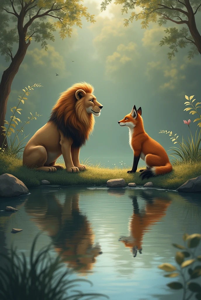 Reflections in Water**: The lion and fox looking at their reflections in a calm pond, symbolizing self-discovery through friendship.