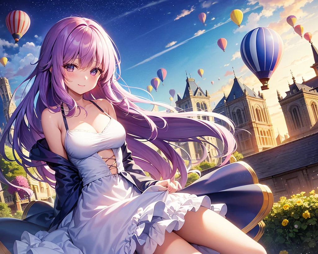 Lapis lazuli hair, pink eyes, one girl, dress, smiling, (riding a hot air balloon), in the air, innocence, alone