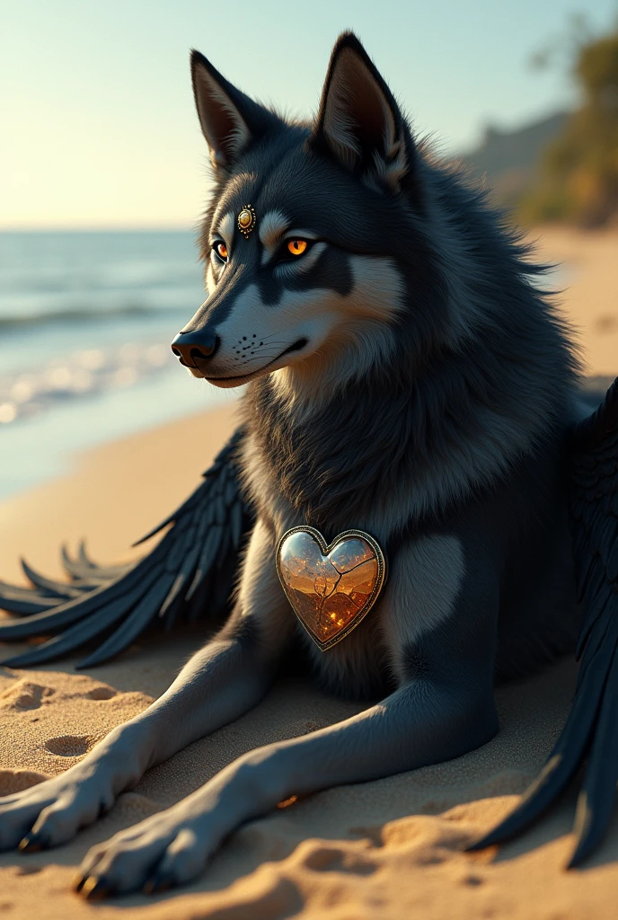 Black Siberian Husky wolf with wings lying on a beach.
Brown eyes and sad look.
 A seal of a small sun on the forehead.
And a little broken glass heart in my chest .
tatoo