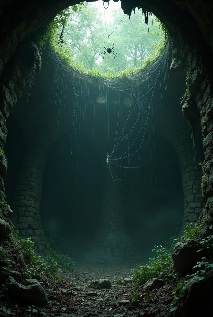 Give me a picture of a dry water well (i.e., No Water). The photo must be dark, located at the bottom of the well. Leaves, inside the well, there must be several spiders and cobwebs. 