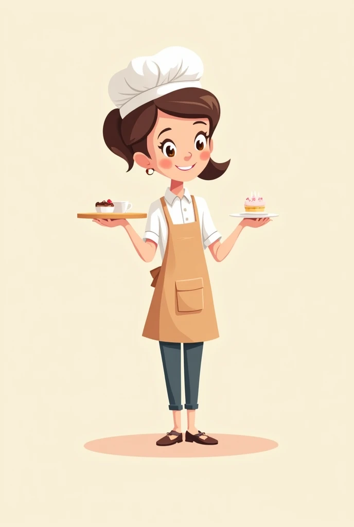 Minimalist cartoon of a woman pastry chef, looking calm, smiling and happy. Its appearance is small and cute.. With a ponytail in her hair