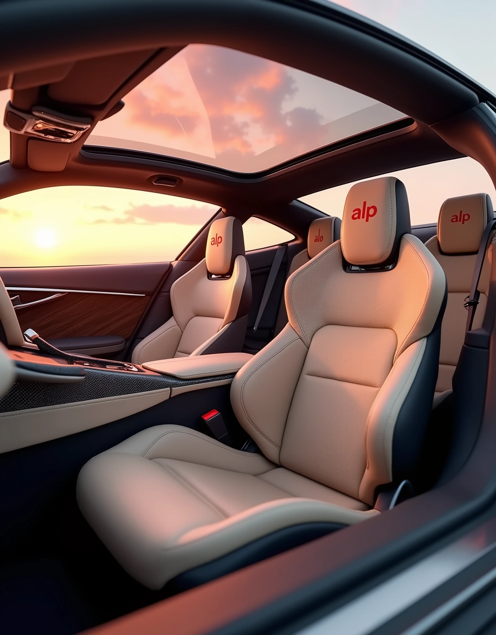 Camera view in 3/4 angle (45 degrees). Highlights include the fully customized interior design, the highly sophisticated and modern sports seats in beige synthetic leather with the initials “ALP” written in carmine red on the headrest, the doors and side panels finished in carbon fiber and walnut, creating a blend of modernity and tradition and the closed panoramic sunroof that reflects natural light. | Natural light with a magnificent pink-orange sunset outdoors, ((work of art, ultra HD, CRU, best qualityer, High details, 8k:1.2)). --style raw --ar 4:5 --iw 0.7