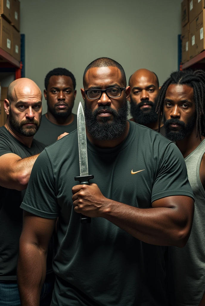 5 people looking at camera with knife in hand ,being a bald and bearded man , second one with glasses beard and nike shirt, third a tall bald man with a Viking body, 40 years old ,the fourth a chubby bearded guy, fifth a mulatto like will smit with nudreds hair in the background of the image shelves and stock boxes, 4 of white ethnicity and only the fifth is mixed race