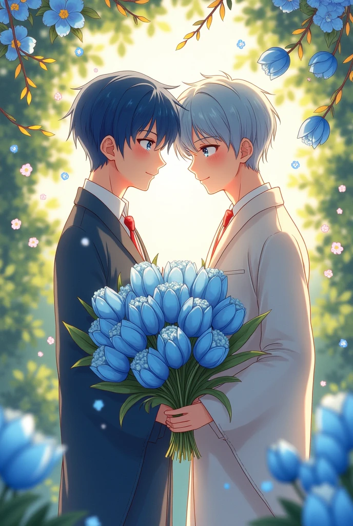 anime type image, Two men, one with blue hair and the other with light blue hair, getting married, The one with blue hair who has a bouquet of blue tulips