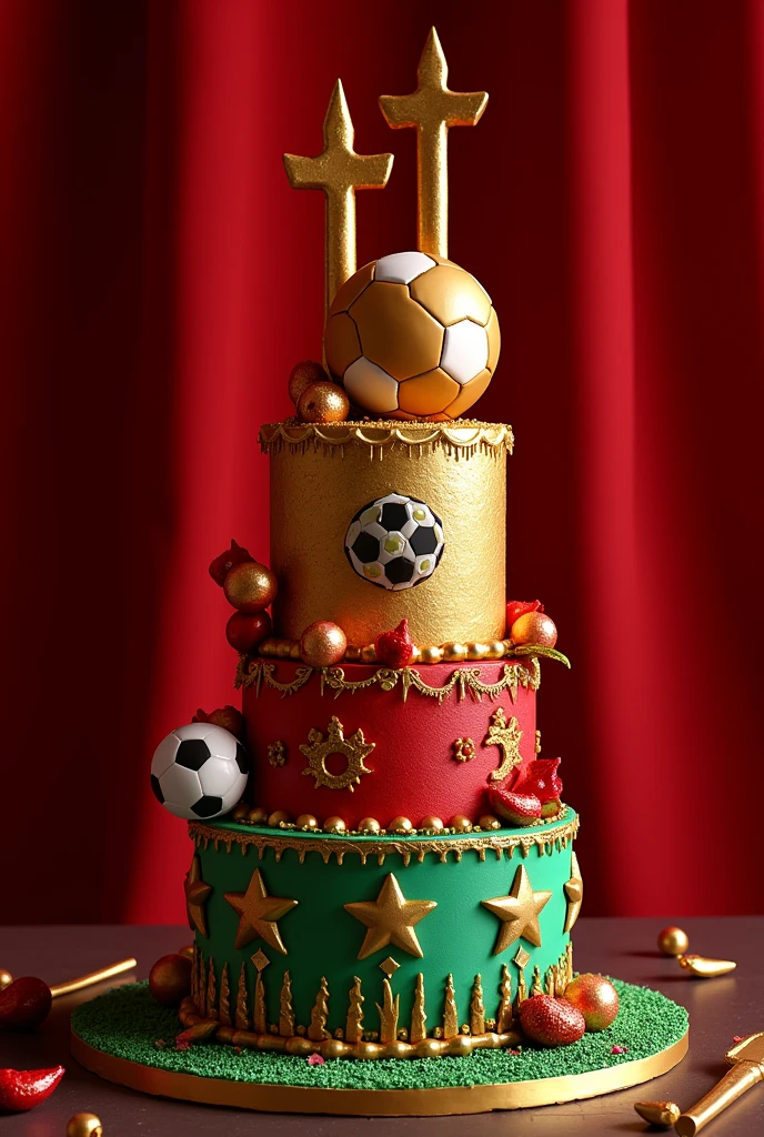 Could you make me a one-tier cake with a combination of soccer and theater please with gold and red plus soccer? 
