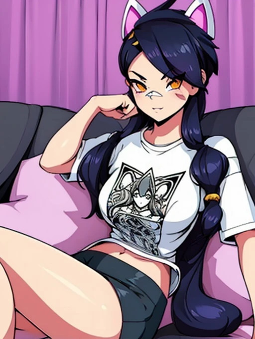 Cat girl with long black hair, small waist, sitting on couch, Erisa Fortnite, huge thighs, big boobs, wearing a thin white see through shirt, looks zesty