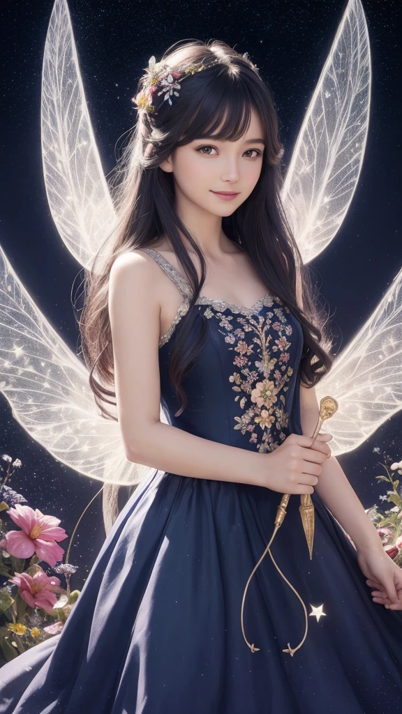 A beautiful flower fairy with navy dress and long hair,holding a starry wand. She has transparent, colorful wings and a gentle smile, facing the viewer directly. The background is a bright, colorful garden full of flowers in a daytime setting, depicted in romantic fantasy digital art, showing only the upper half of her body.