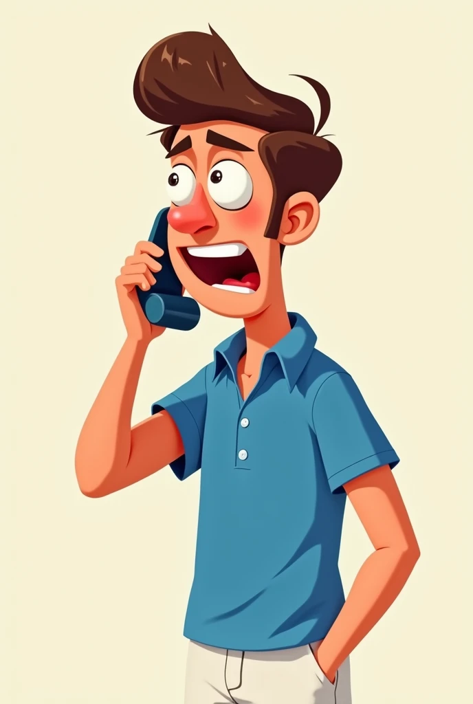 A man waiting on the phone blue shirt white pant face on front animated character