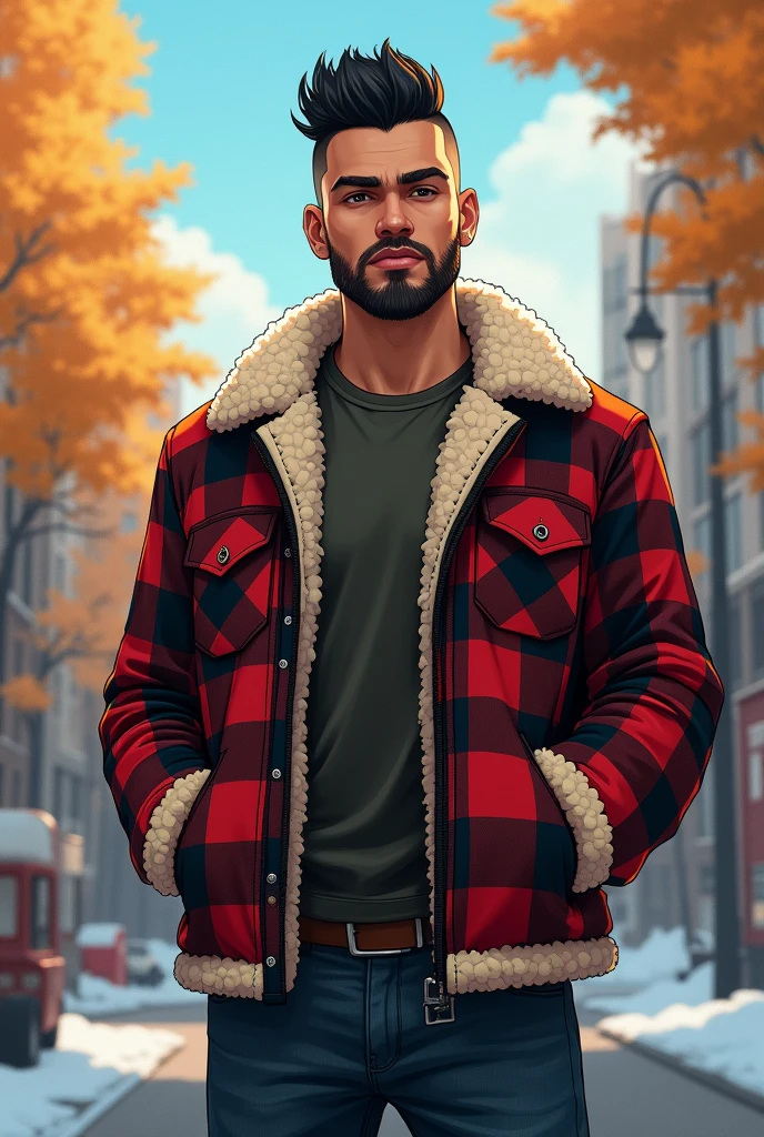 Tall Man, young, black shaved hair, Checkered lumberjack jacket with sheepskin, anime, short beard, Whole body