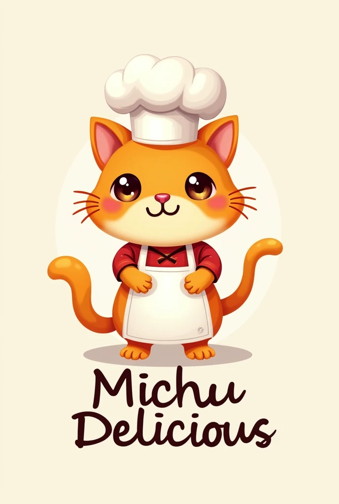 Create a logo,By name "michu delicious", cute cat, orange, chef, chef, cute.
