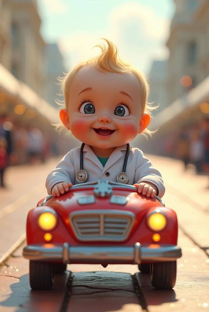 Create a scene where an adorable blonde royal baby is wearing a doctor outfit, and is riding in an ambulance baby car parading down the runway, 4k motion camera