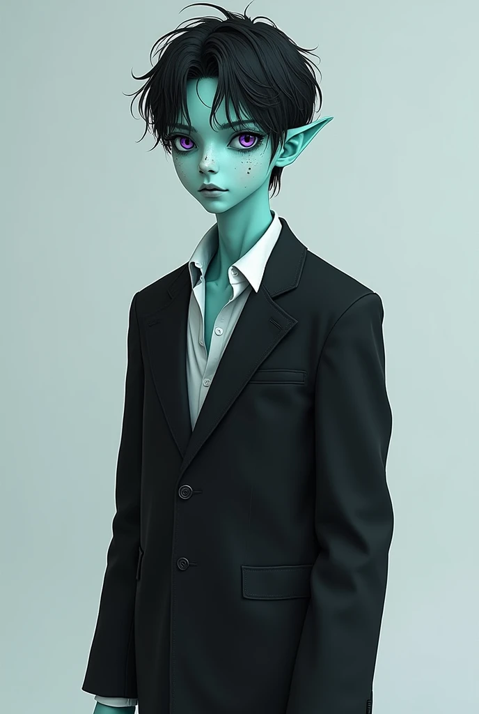 20 year old boy, Alien, turquoise blue skin, with small freckles on the body and white face, short, disheveled black hair, deep purple eyes, slim and marked complexion, wearing a black suit that fits his body