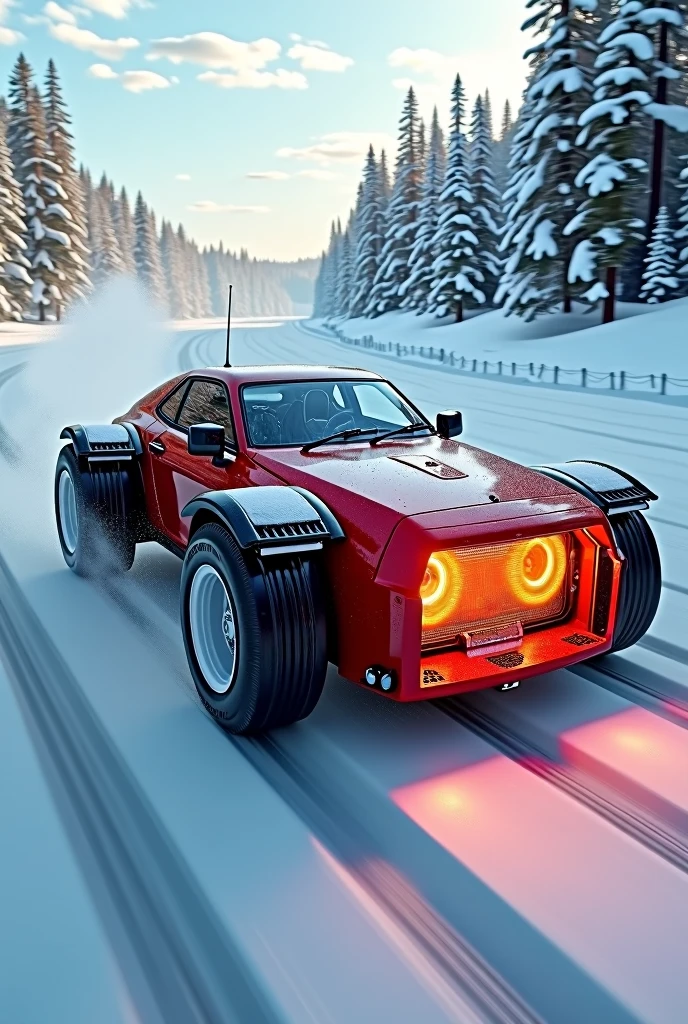 A wheeled heater with a red front due to the heat it radiates., It has 4 wheels with sports tires that look like a white Ford sedan. , Seen from above on the right and traveling at high speed on a snowy road. very marked details