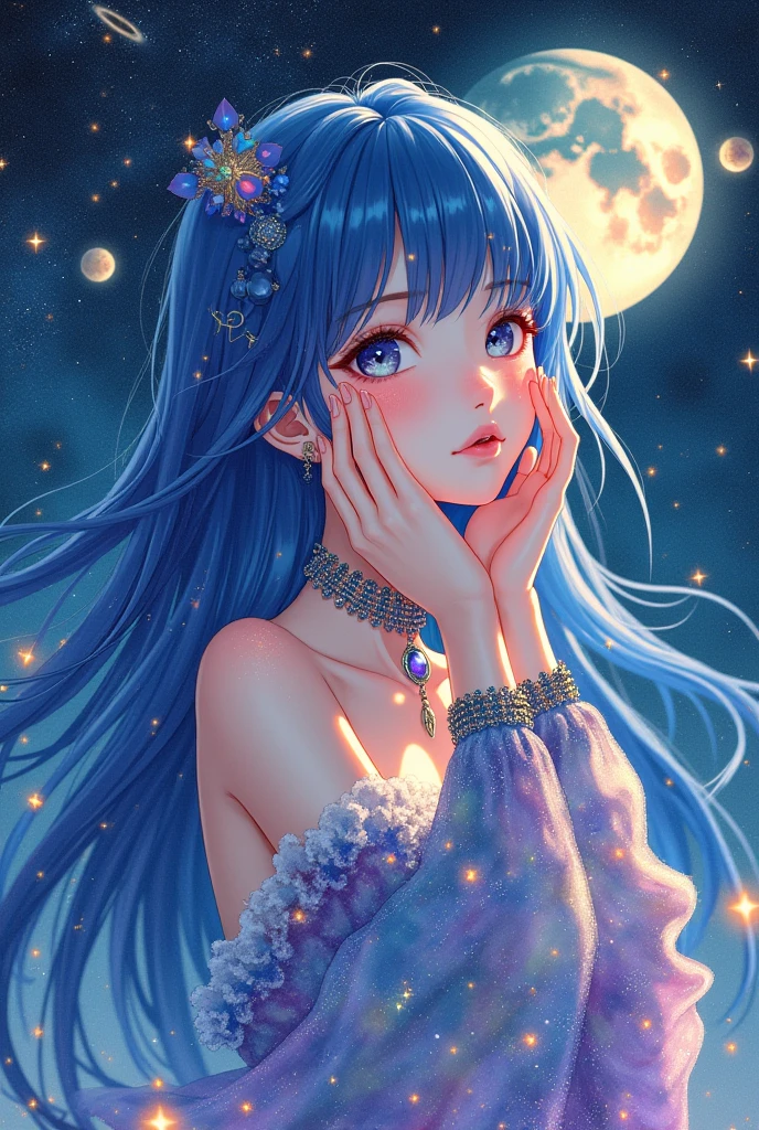 A watercolor art of an anime-style enigmatic female figure in iridescent cosmic-themed attire. The attire is shimmering with stars and galaxies. She gently holds her face with both hands. The intricate cosmic sleeves have patterns of twinkling stars and nebulae. Her hair flows gracefully and has hints of deep blues and purples. The vibrant cosmic palette includes rich blues, purples, and hints of gold. The figure has radiant highlights. The background is a detailed night sky with stars, planets, nebulae, and a glowing moon. The overall image has a soft celestial glow and subtle celestial objects like rings of planets, shooting stars, and constellations. There are soft swirling light trails and particles. The atmosphere is serene contemplation and cosmic wonder.