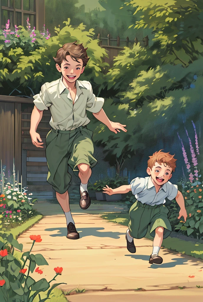 two children, boys, running in the garden in thirties clothes, playing and smiling