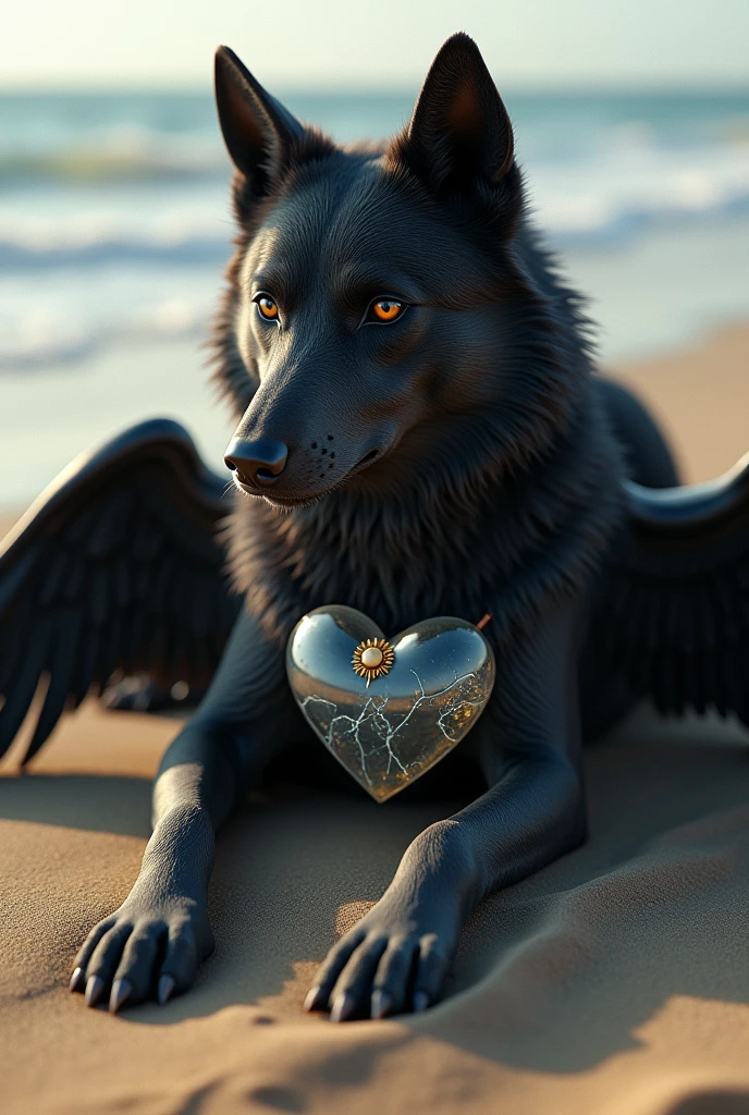 Black Siberian Husky wolf with wings lying on a beach.
Brown eyes and sad look.
 A seal of a small sun on the forehead.
And a little broken glass heart in my chest .
tatoo