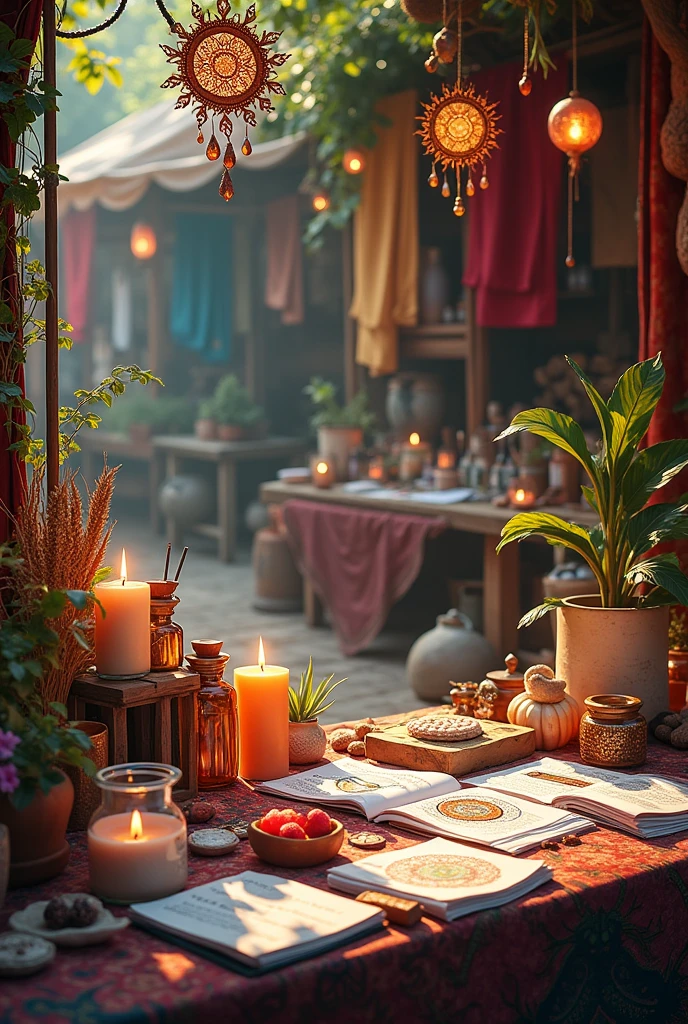 Sale of energy kits, candles, incense, personalized rituals, with a background of colored fabrics and suncatchers