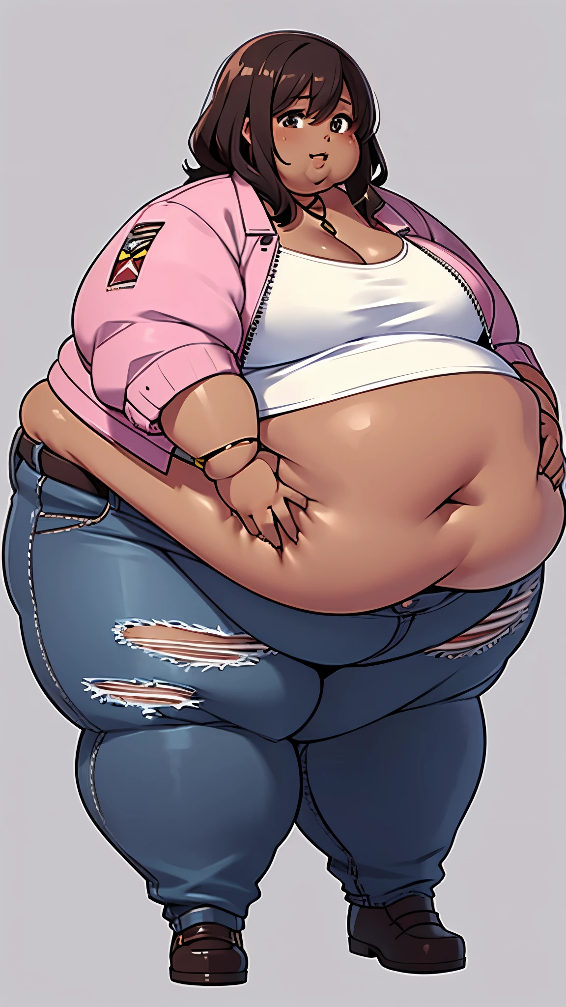 Extremely obese African-American woman, massive breasts, loose shirt collar, belly hanging, ((extremely obese)), belly sagging, wearing a white crop top and loose ripped jeans, short pink jacket, (dark brown skin), fat blob, fat arms, fat face, fat limbs