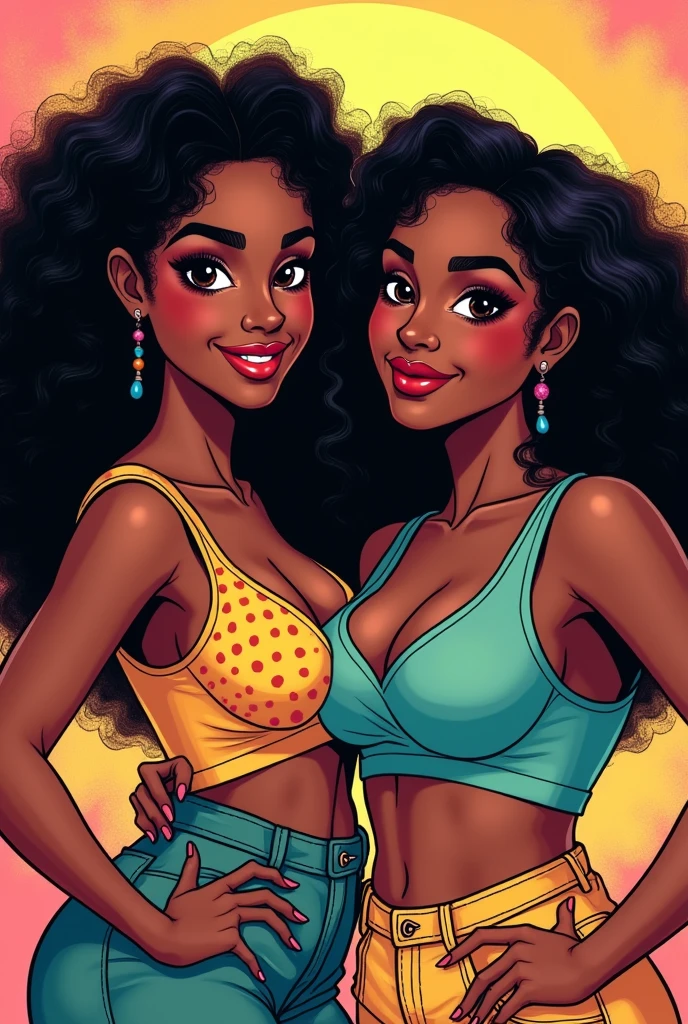 Manwha-style drawing of a 2 Barbadian-American woman, curvy and chubby body, dark brown eyes, plump lips, curly long hair while wearing a bimbo outfit, she's also smiling, and has a beauty mark on her lips.