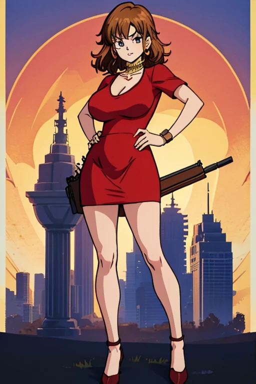 Highest quality、Ultra HD、One Woman、(Long brown hair 1.3)、(red dress 1.3)、(White Heels 1.1)、(Thigh 1.2)、((Shoot a gun 1.2))、(Red Ribbon 1.2)、(Beautiful face like a Japanese actress 1.2)、(Gold Necklace)、(Watch on left wrist)、Adult women、Slender body、((Large Breasts))、(Sunset city background 1.2)、((Clear and beautiful touch))