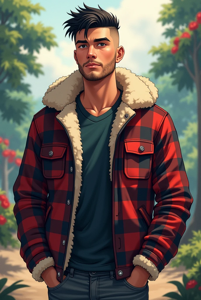 Tall Man, young, black shaved hair, Checkered lumberjack jacket with sheepskin, anime, short beard, Whole body