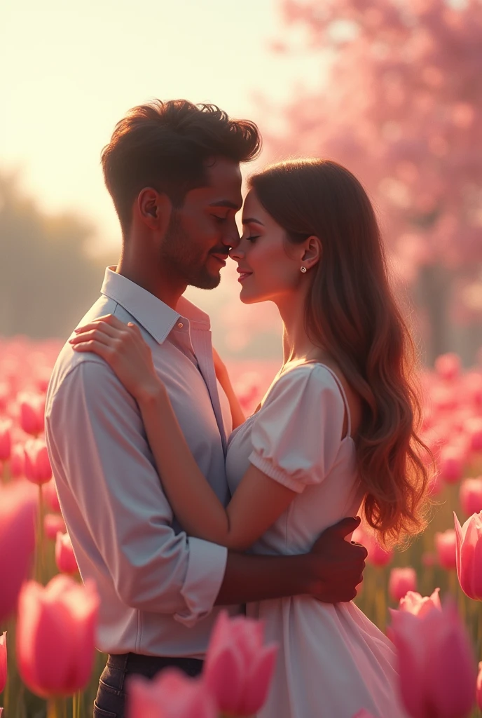 Couple formed by one with dark skin and straight hair and one with WHITE skin and LIGHT BROWN hair, hugging each other with a background of pink tulips and a BMW 320i.