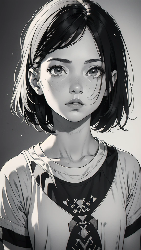 1 boyish girl, solo, sharp eyes, expressionless, monochrome, greyscale, short black hair, portrait, white T-shirt, closed mouth, looking at viewer, graphite \(medium\), detailed lips, hatching \(texture\), without makeup, bangs, upper body, (best illustration), (best quality), (very detailed), (masterpiece), expressionless,