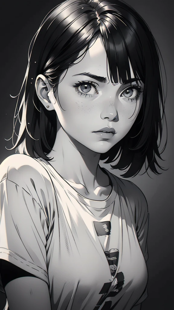 1 boyish girl, solo, sharp eyes, expressionless, monochrome, greyscale, short black hair, portrait, white T-shirt, closed mouth, looking at viewer, graphite \(medium\), detailed lips, hatching \(texture\), without makeup, bangs, upper body, (best illustration), (best quality), (very detailed), (masterpiece), expressionless,