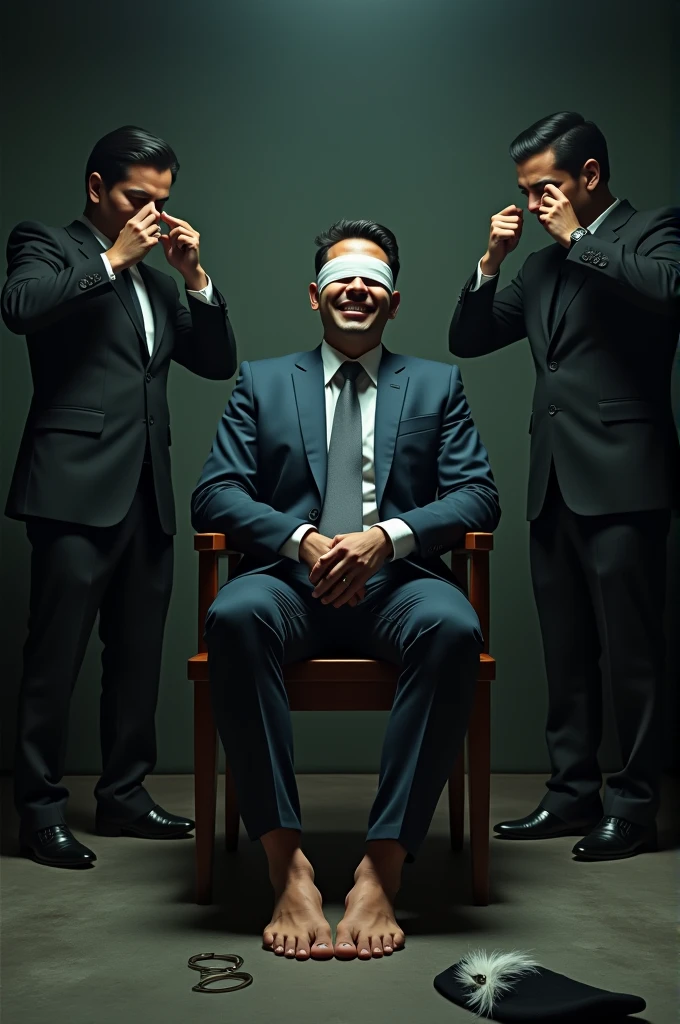 Handsome malay Zarul 20years lawyer
1 man Rub his feet
He laugh
Focus 5toefeet
Shoeless
Hand Handcuff wooden chair
blindfolded
feather on floor
Pair of Blacksock on floor
2 mafia pinch their nose