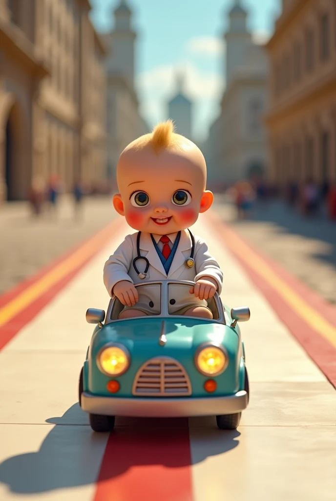 Create a scene where an adorable blonde royal baby is wearing a doctor outfit, and is riding in an ambulance baby car parading down the runway, 4k motion camera