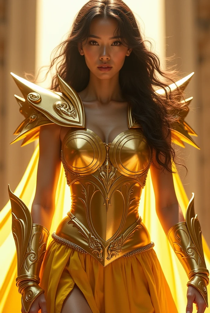 beautiful woman in saint pieces aphrodite knight armor full body, real face japanese woman, beautiful, perfect body, In the bright light of the film, the depiction of Saint Seiya pieces aphrodite, which is highly detailed in gold cloth, pieces aphrodite, their iconic armor stands out. The armor shines brilliantly with a realistic and hyperrealistic level of detail, highlighting every part and its intrigue. The figure of Saint pieces aphrodite shura, standing tall, walking, exudes a sense of stre