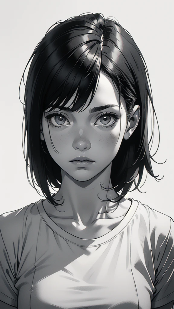 1 boyish girl, solo, sharp eyes, expressionless, monochrome, greyscale, short black hair, portrait, white T-shirt, closed mouth, looking at viewer, graphite \(medium\), detailed lips, hatching \(texture\), without makeup, bangs, upper body, (best illustration), (best quality), (very detailed), (masterpiece), expressionless,