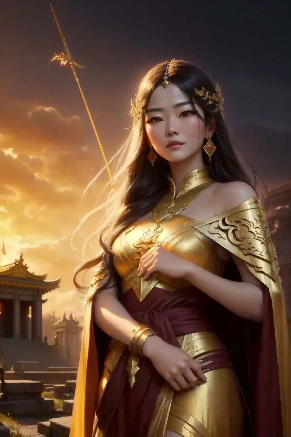 a woman in a golden dress and cape standing in front of a temple, Ruan Jia e Artgerm, a beautiful fantasy empress, inspired by Yang Jin, artgerm and ruan jia, inspired by Lan Ying, retrato da Darna moderna, inspired by Du Qiong, inspired by Wu Bin, inspired by Wu Li, inspired by Zhao Zuo