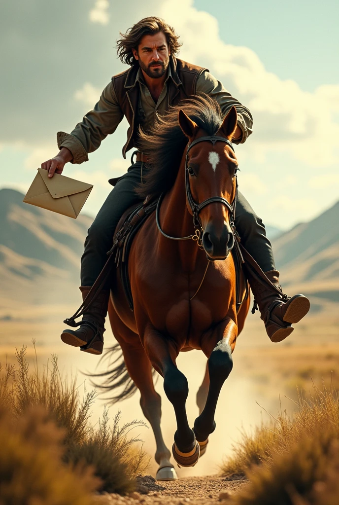The image should show a person on top of his horse which is moving., The person is holding an envelope in his hand like a letter.