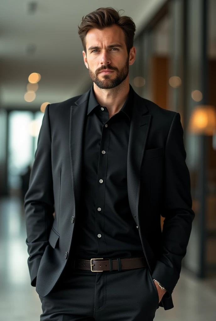 Create a clothing combination for a black polo shirt for men, with a combination with a jacket or coat as for the office full body image, 