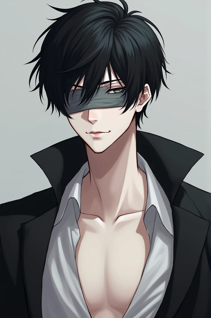 Handsome young man, black hair, pale skin, the left eye is covered with a gray bandage, in a white shirt without buttons and a black cloak on his shoulder, The look is cold, cute,