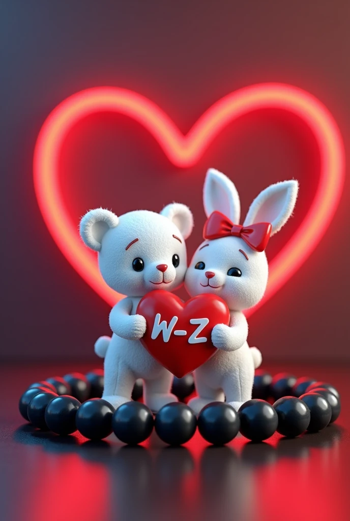 A 3D render of a white teddy bear and a white bunny rabbit wearing a red bow holding a red heart "W + Z" written on it in Capital alphabets, are standing in a black beaded bracelet. The bracelet is sitting on a dark red and blue surface with a neon red heart shape in the background. The image is in the style of a cute cartoon.
