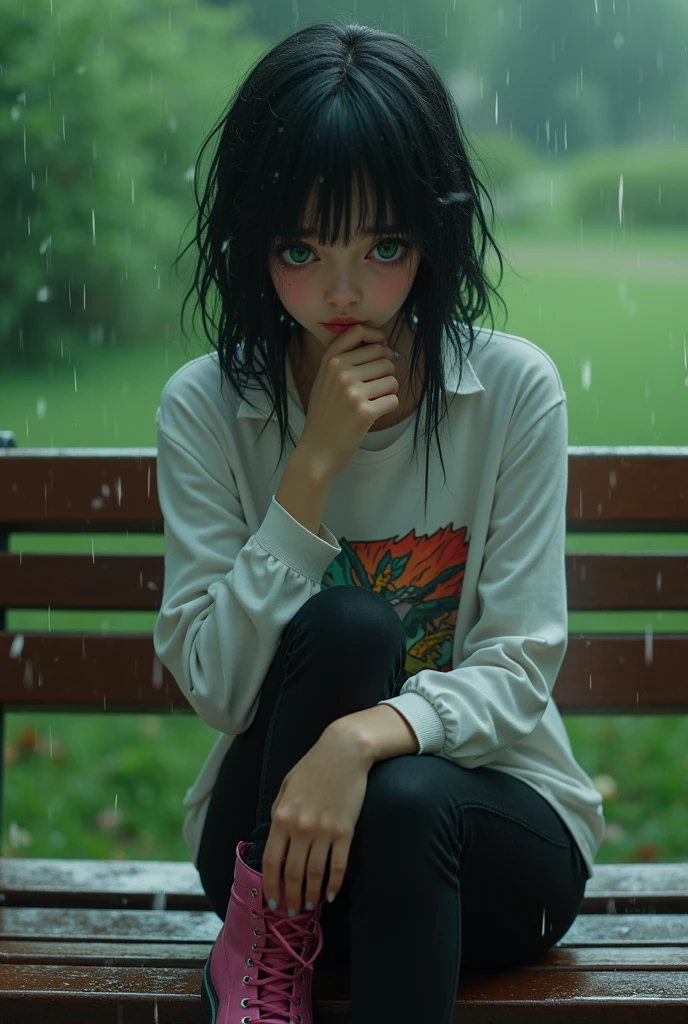 black hair girl, green eyes sitting on a bench in the park it's raining she has a white shirt with a cartoon of a dragon breathing fire her pants are black and super tight she is crying and has her arms crossed her shoes are high she has dark pink boots she has her legs crossed, super mega realistic image