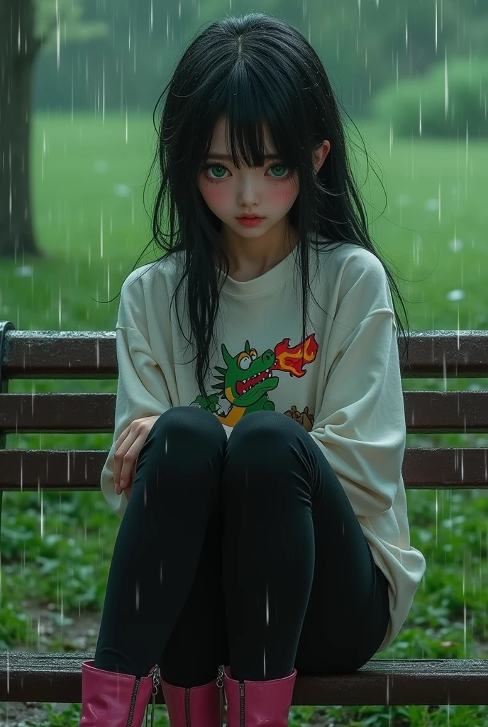 black hair girl, green eyes sitting on a bench in the park it's raining she has a white shirt with a cartoon of a dragon breathing fire her pants are black and super tight she is crying and has her arms crossed her shoes are high she has dark pink boots she has her legs crossed, super mega realistic image
