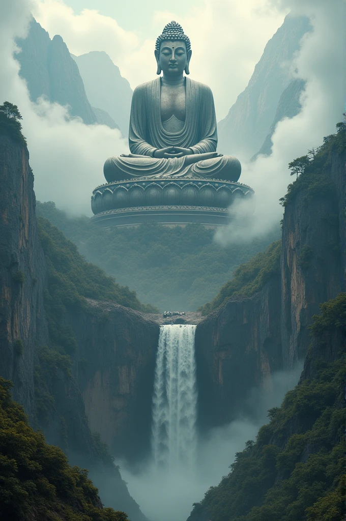 Zoomed-out image of a large ancient Buddha statue on a mountain wall., Between the waterfalls, Surrounded by clouds, view, movie light