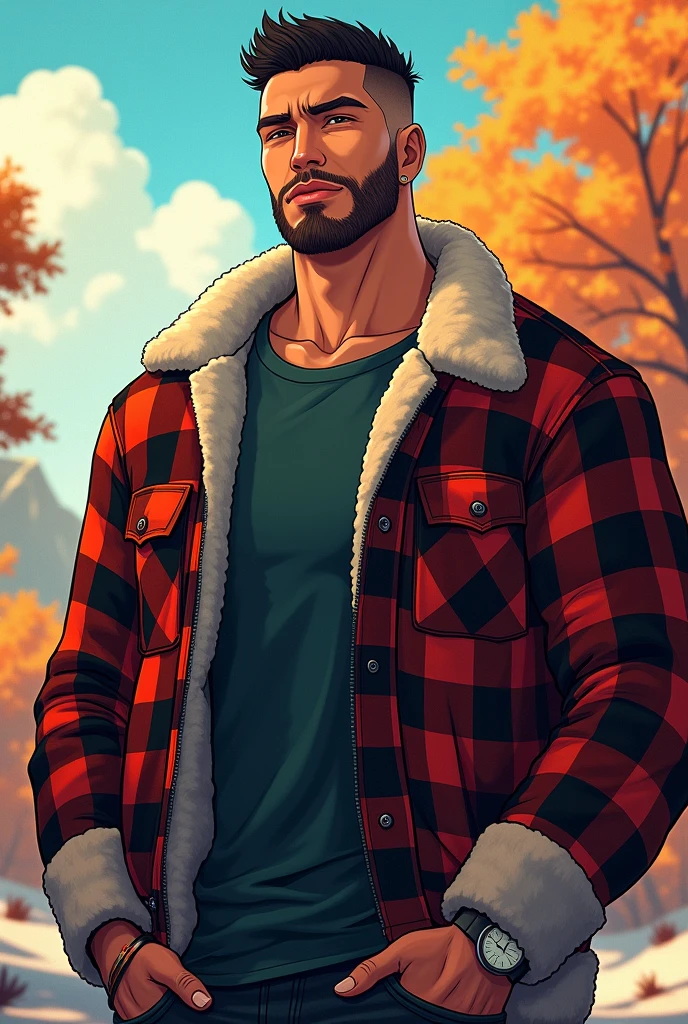 Tall Man, young, black shaved hair, Checkered lumberjack jacket with sheepskin, anime, short beard, Whole body