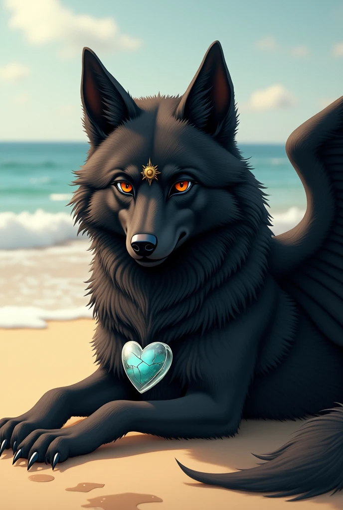 Black Siberian Husky wolf with wings lying on a beach.
Brown eyes and sad look.
A seal of a small sun on the forehead.
And a little broken glass heart in my chest .
tatoo