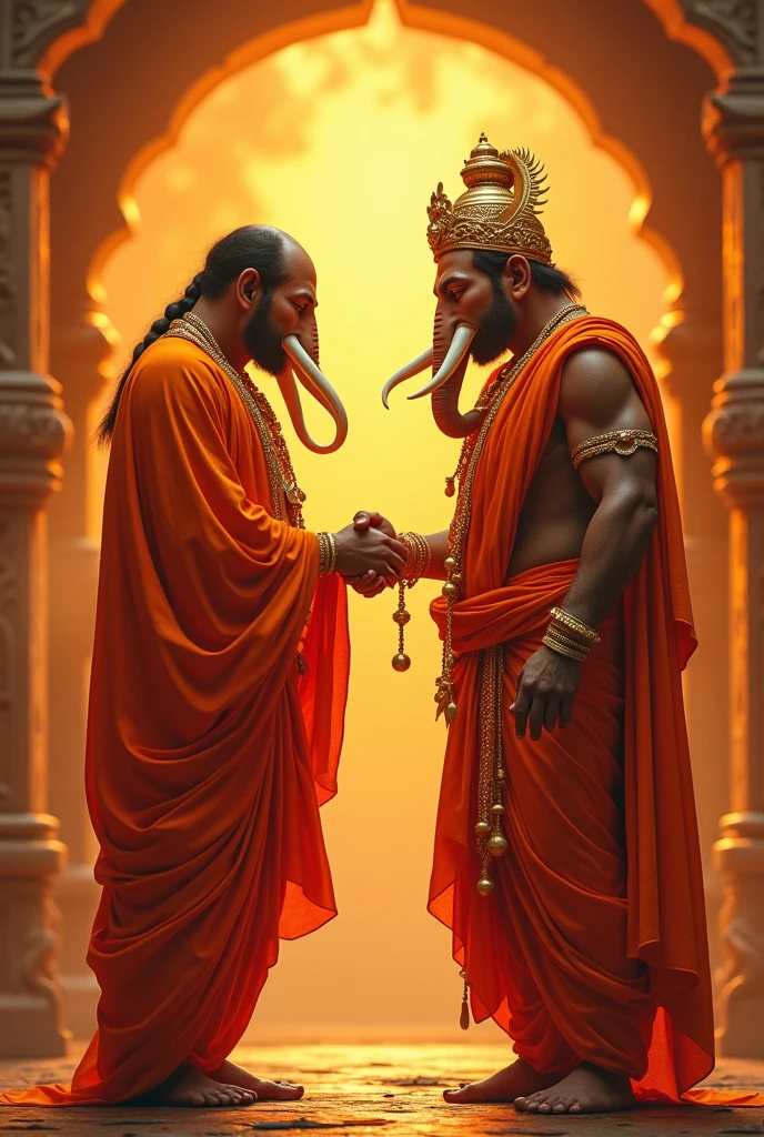 Ganesha and bajarangi hand sheck to both in orenge colour dress