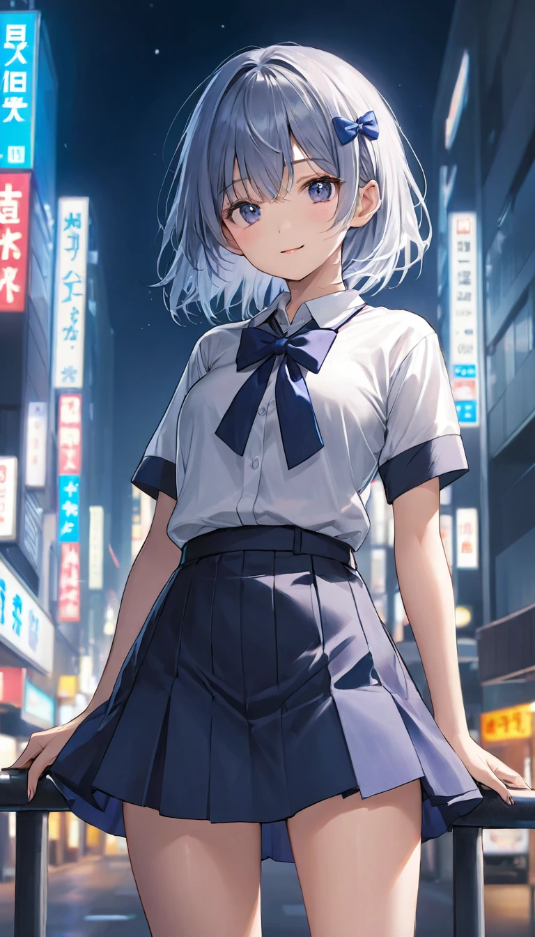 (32K, RAW photos, best quality, proficient:1.3),(Practical,photo-Practical:1.37),(night),(Viewers:1.331),(blue silver hair),Strike a pose,Tokyo Street,nightcityscape,Cyberpunk City ,Soft Light,1 Girl,Extremely beautiful face,Break,Hands down,Smile,Alvin,(Short-sleeved JK_shirt),JK_style,(Navy JK_skirt),(Bow JK_tie),Mix 4,Messy hair,Light makeup,prostitute,A young man, Slim, beautiful girl,Beautiful nipples,