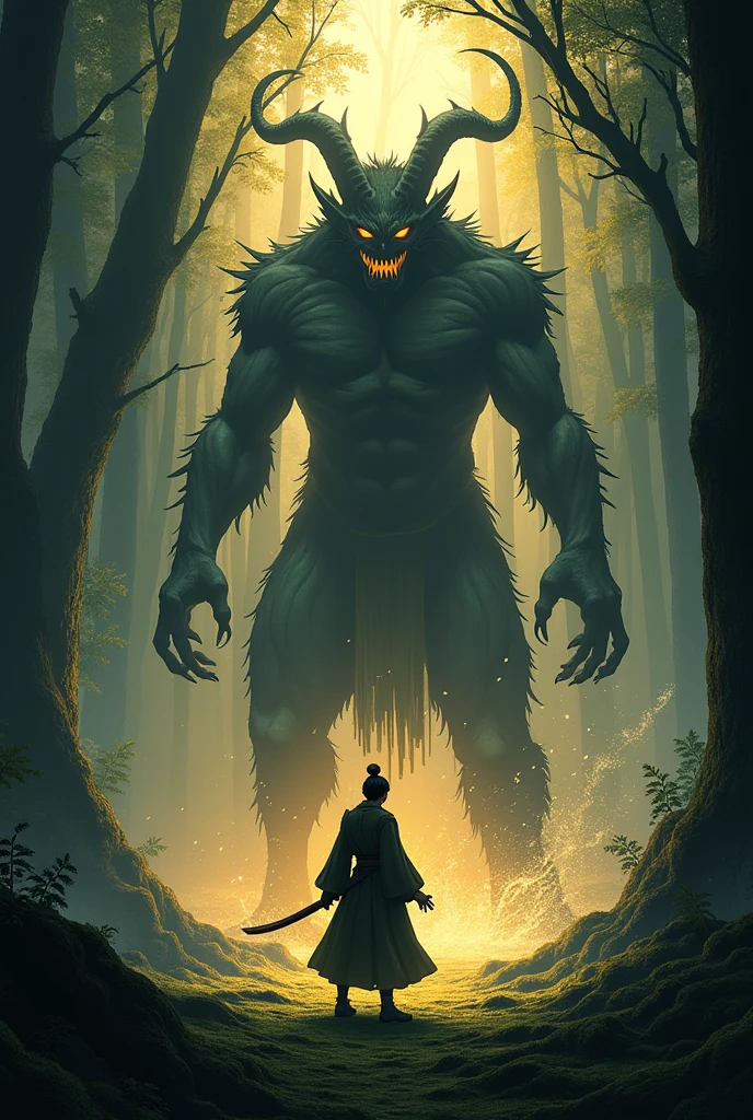 Create an epic Sukuna scene, in his demonic form, facing Tanjiro, that uses the Water technique. The scene should be a dark forest, with rays of light filtering through the trees, as the tension between the two characters increases.