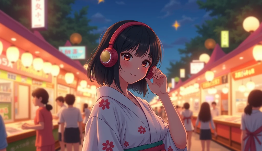 Perfect image, 8k、summer、night、high school girl、Mature、White yukata、Big Breasts、looks fun、smile、Using headphones、festival、stall、 2D-style animation, Lo-Fi、Retro、Emotional、Anime style illustrations